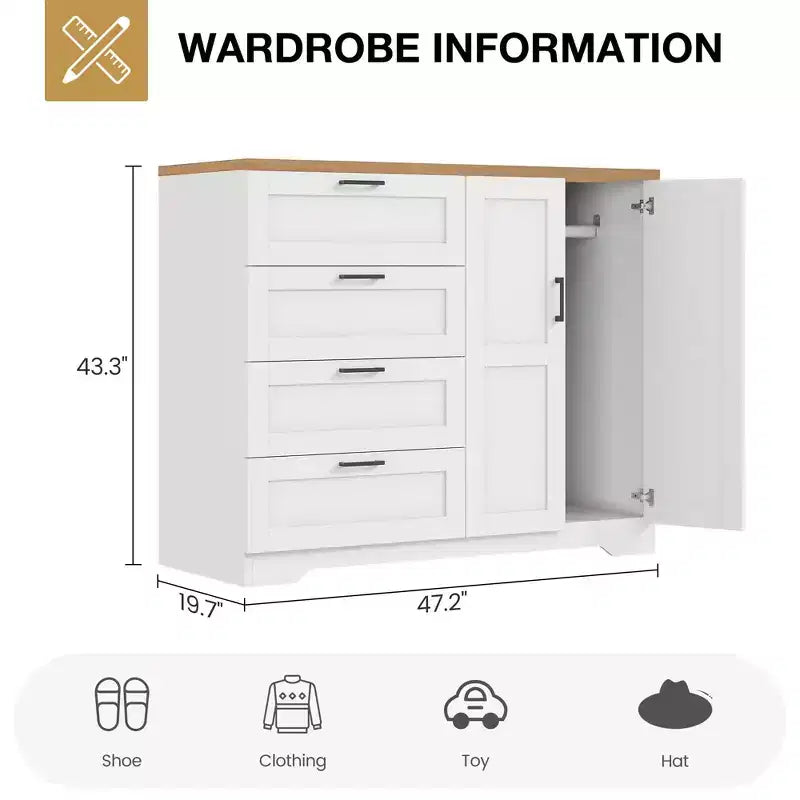 43,3 H Kleiderschrank mit 4 Schubladen und Kleiderstange, multifunktionaler Schlafzimmer-Aufbewahrungsschrank Kommode