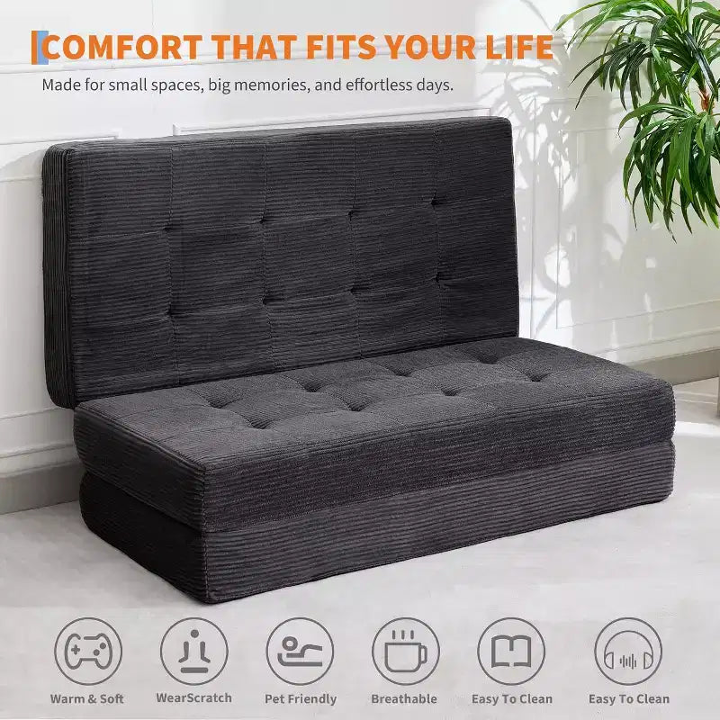 SunnyFurn 6 Zoll Dreifach-Klappmatratze Schlafsofa, 75x54,3 Schaumstoff-Gästebett mit getuftetem Cordbezug, tragbar für Camping, Wohnzimmer, Schlafzimmer