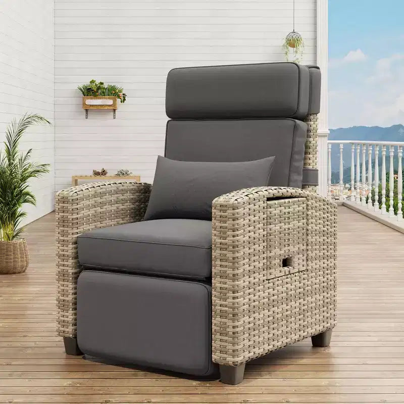 Outdoor Relaxsessel, Gartenliege mit verstellbarer Rückenlehne & Fußstütze, Korbliege bis 150 kg mit Klapptisch