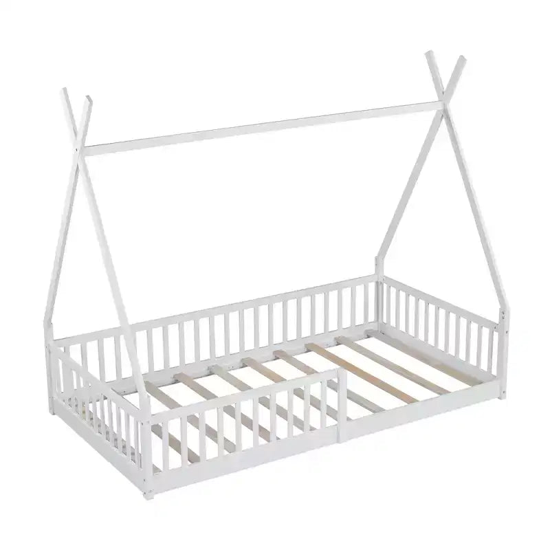 Bodenbett für Kinder, Zeltbetten in Doppelbettgröße, Montessori-Bodenbett mit Lattenrost und Zaungeländer, Holz-Hausbettgestell für Jungen und Mädchen