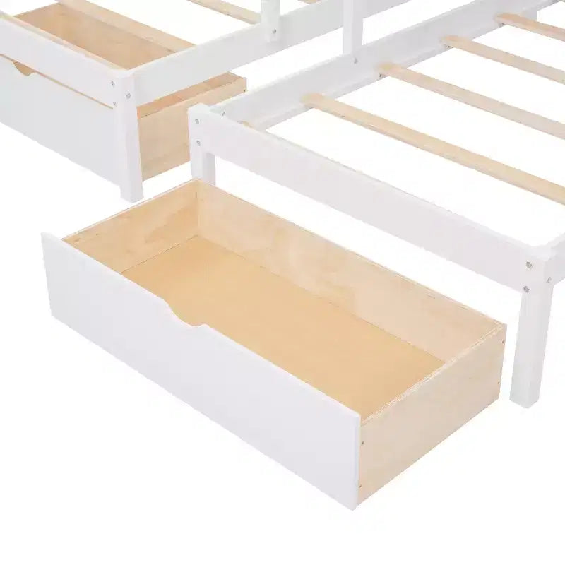 Whisen Etagenbett mit Doppelbett oben und zwei Einzelbetten unten, dreifaches Etagenbett aus Holz mit Schubladen und Schutzgittern