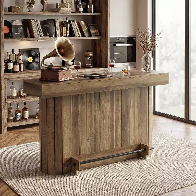 Lantine Bartisch, 160 cm langer Bartisch aus Holz mit Metallfußstütze, Stehtisch mit Ablagefächern für Wohnzimmer, Bistro, Esszimmer (Braun)