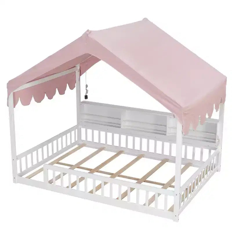 Whisen Vollholz-Bettgestell, Hausbett mit Zaun, 3 Aufbewahrungsregale, Vorhang