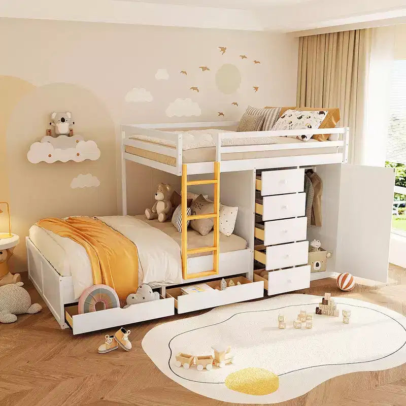 Etagenbett „Full-over-Full“ mit Kleiderschrank und Schubladen, platzsparendes Etagenbett aus Holz in voller Größe mit Rausfallschutz für Apartment, Schlafzimmer