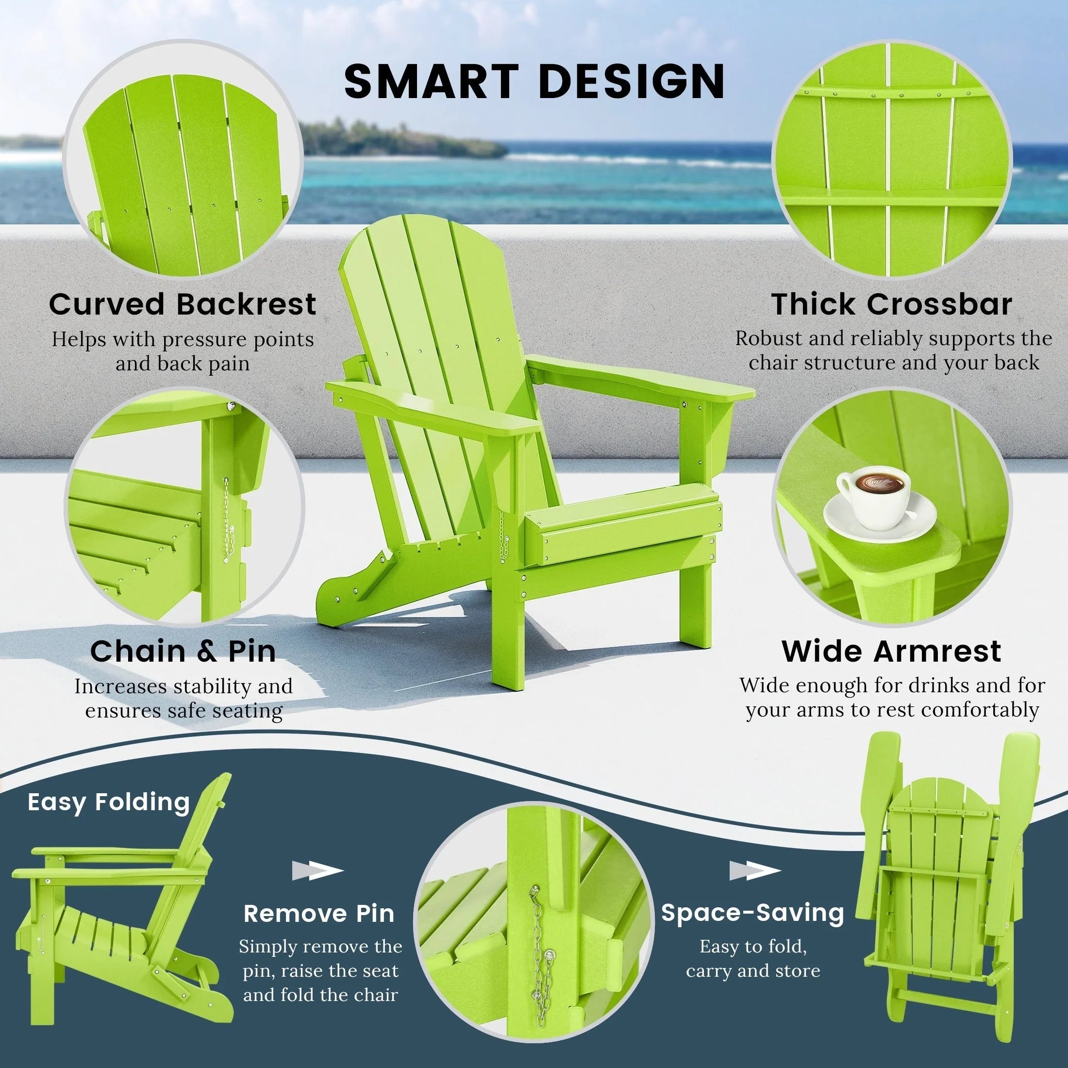 Polytrends Laguna Faltbarer Adirondack-Stuhl für den Außenbereich, wetterfest und lichtbeständig