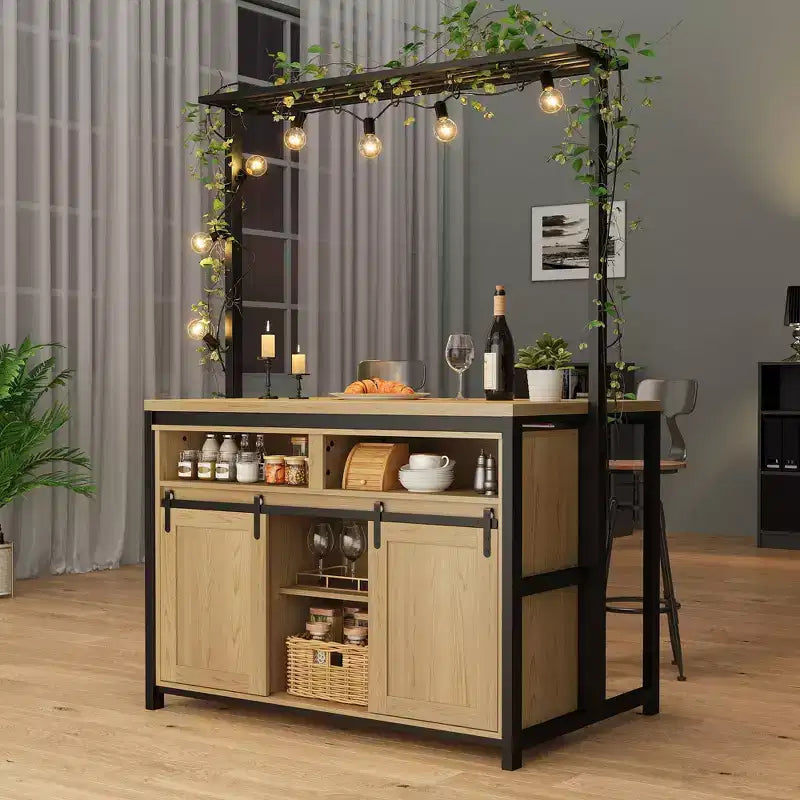 Kücheninsel, Bäckerregal mit Schiebetür im Scheunentor-Stil, 42 Zoll großer Kücheninsel-Tisch mit 3-stufigem Mikrowellenständer, Ofenregalen, Kaffeebartisch-Set