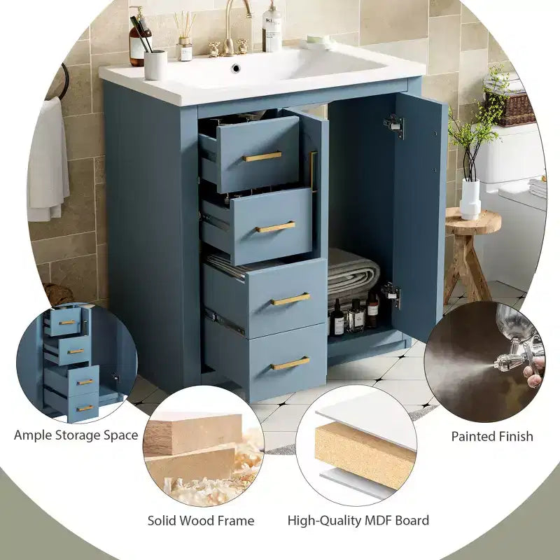 30 Zoll Einzelwaschtisch-Badschrank mit Unterschrank und 3 Schubladen – Schwarz / Blau / Grün / Indigo / Weiß