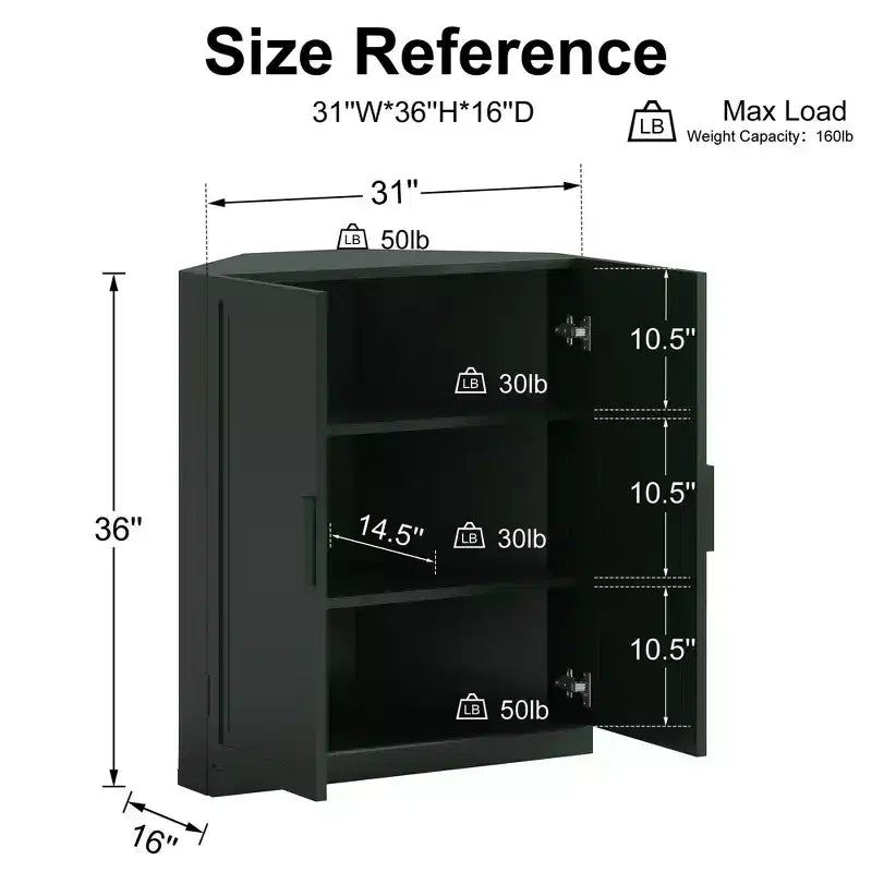 Dovelina Eckschrank mit verstellbaren Einlegeböden, Anrichte, Buffet, Weinschrank, Küchen- und Esszimmerschrank mit Holztüren – 31H x 31W, 36H x 31W