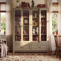 Famapy Vitrine aus heller Eiche: 63 cm breit, Schiebetüren aus Glas + Schubladen. Geräumiger Organizer für Heimbüchereien und Wohnzimmer