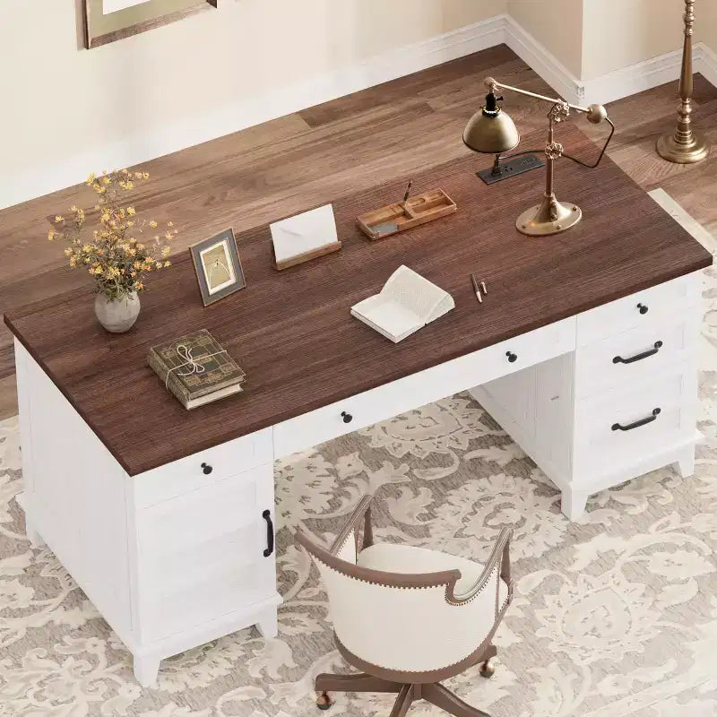 60 Executive Schreibtisch mit Schubladen, Home Office Schreibtisch mit Ladestation, Computer-Schreibtisch aus Holz für Arbeitszimmer, Konferenztisch für Wohnzimmer
