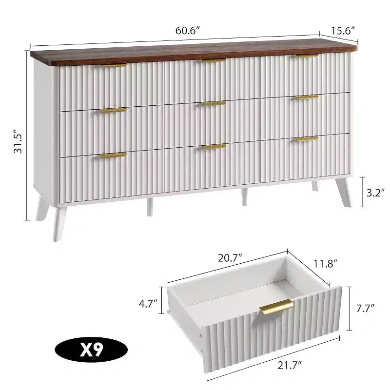 Kommode mit 9 Schubladen, gerillt, moderne Kommode, Holzkommode als TV-Ständer, geschwungenes Profil, für Wohnzimmer, Flur