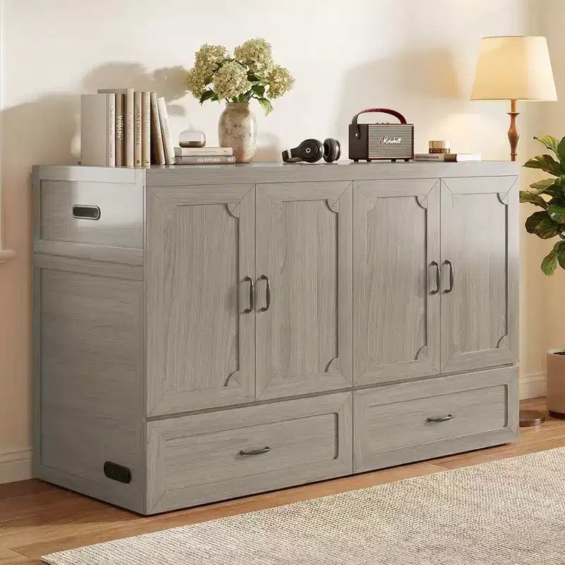 Mjkone Queen-Size-Schrankbett mit Matratze, USB-Ladeanschluss und Aufbewahrungsschubladen