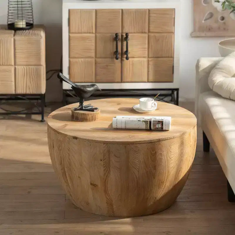 Runder Aufbewahrungs-Couchtisch im Retro-Stil aus Holz, geeignet für Wohnzimmer, Esszimmer oder Büro.