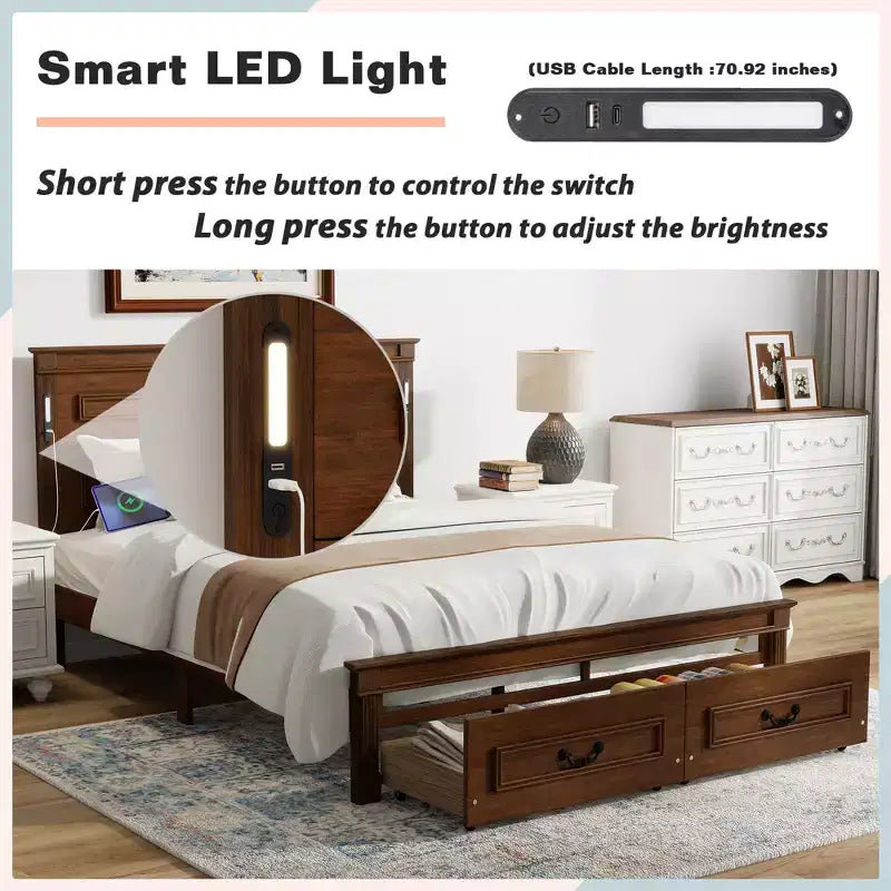 ModernLuxe Bettrahmen für Queensize-/Kingsize-Betten mit hohem Kopfteil, rustikales Holzbettgestell mit 2 Schubladen, LED-Beleuchtung und USB-Anschlüssen