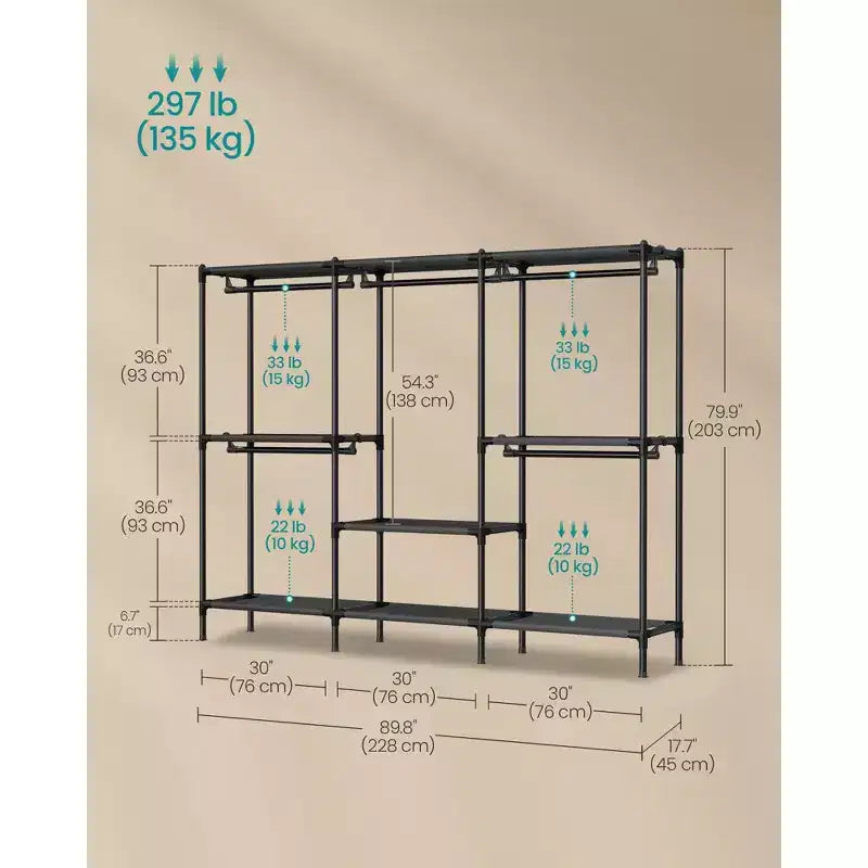 SONGMICS Kleiderständer, Schwerlast-Garderobenschrank-Organizer mit Kleiderstangen und Regalen, Gesamtbelastbarkeit 135 kg, einfache Montage, Tintenschwarz