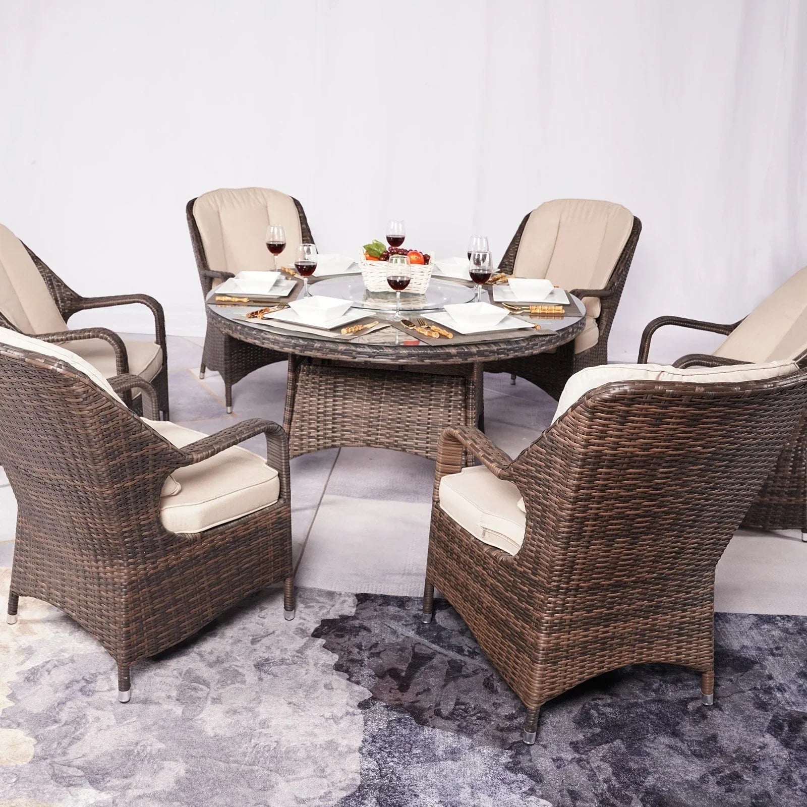 7-teiliges Garten-Essgruppe aus Rattan mit runden Kissen von Moda Furnishings