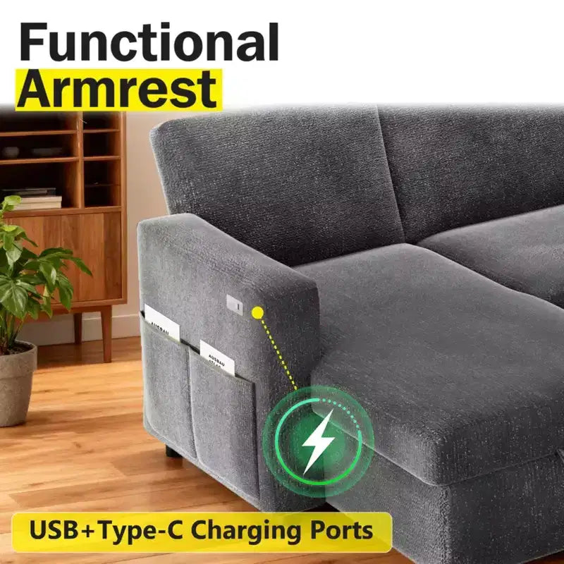 2-in-1 Schlafsofa zum Ausziehen mit Stauraum-Recamiere, Chenille-Ecksofa mit USB-Anschlüssen für das Wohnzimmer