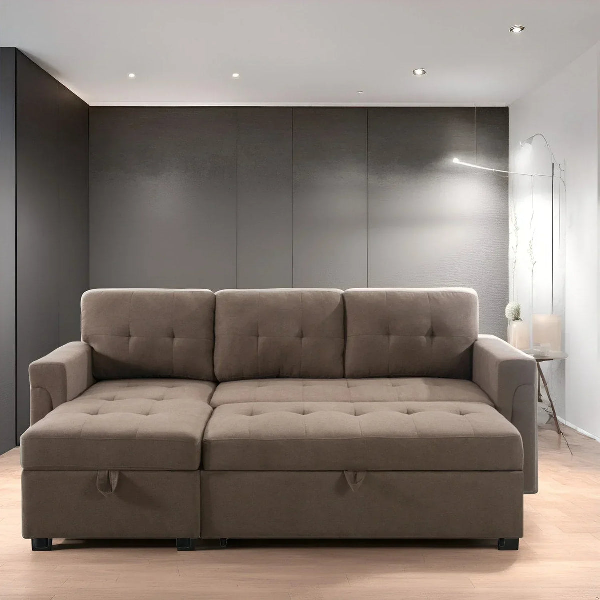 Verwandelbares, umbaubares Ecksofa mit ausziehbarem Schlafsofa, versteckter Aufbewahrung in der Récamiere und robusten Beinen