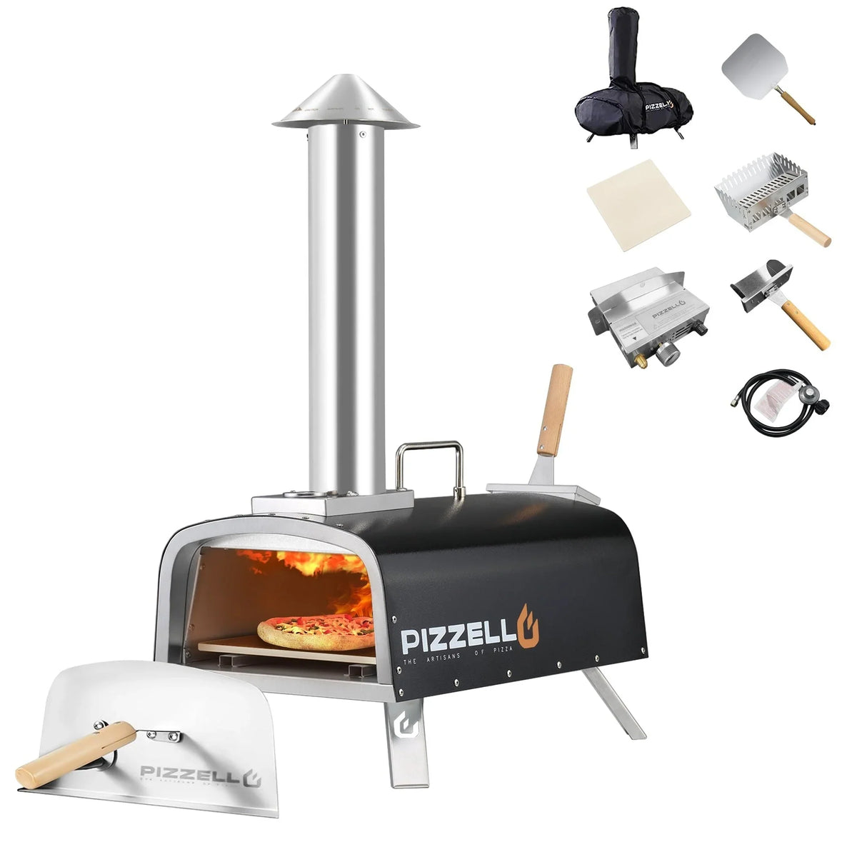 Multi-Brennstoff Outdoor Pizzaofen Steinbackofen mit Gasbrenner & Holzfach - 30 cm