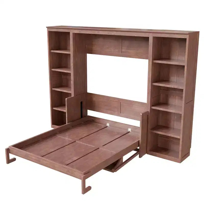 Wandklappbett für Doppel-/Queensize-Betten, platzsparendes Wandbett mit Schreibtisch und Bücherregal, Dunkelbraun – ModernLuxe
