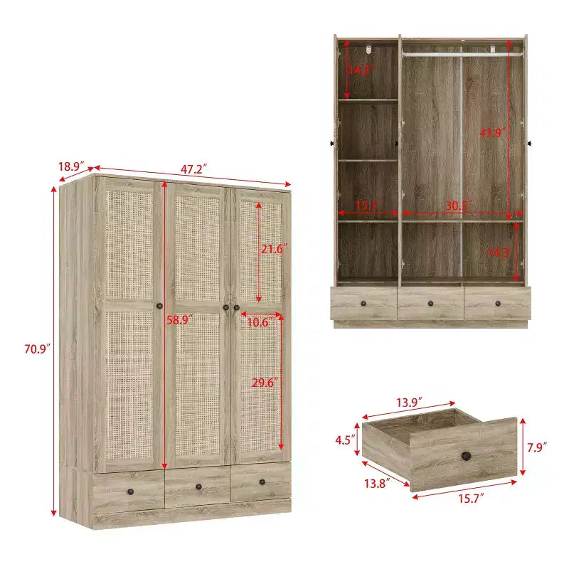 Famapy Rattan Kleiderschrank mit 3 Schubladen, 3 atmungsaktiven Rattan-Türen, Hochschrank im Bauernhausstil für das Schlafzimmer