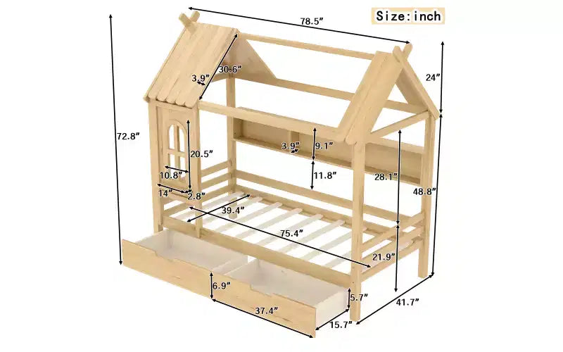 Haus-Plattformbett mit Aufbewahrungsschubladen und Fenster, Massivholzrahmen mit Regalen, kindgerechtes, lustiges Design, Hellweiß