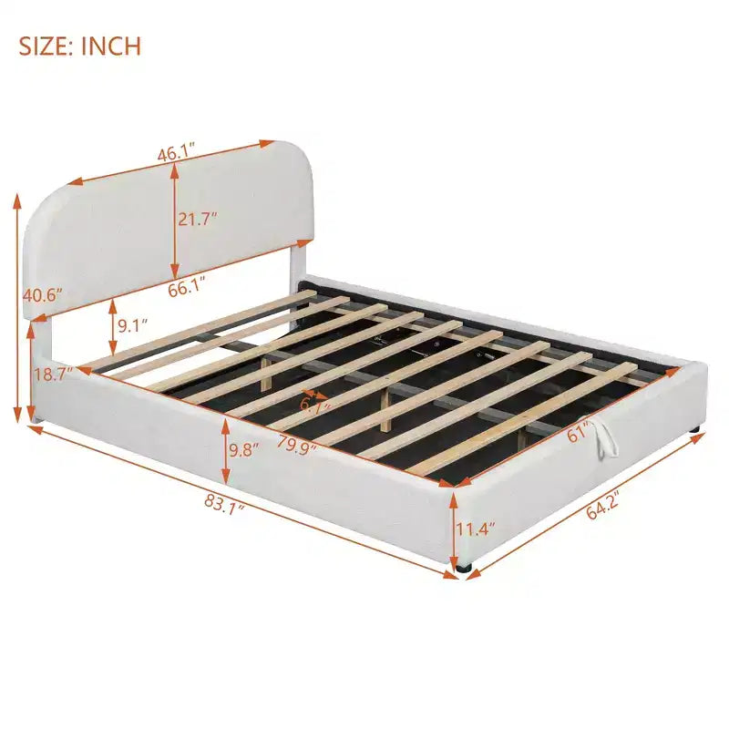 Gepolstertes Bett in Queensize-Größe mit Lift-Up-Stauraum – Weiß