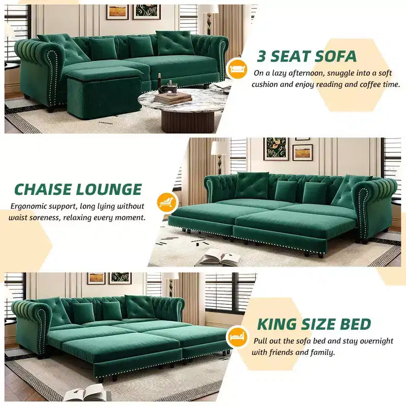 Whisen Velvet 3-in-1 Schlafsofa und wandelbares Schlafsofa im Kingsize-Format mit ausziehbarem Ottomane, getuftetem Design
