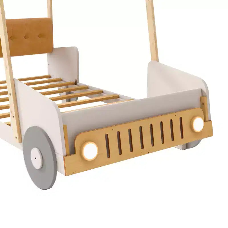Whisen Holzauto-Bett mit Kissen, Himmelsstoff und LED – Natur