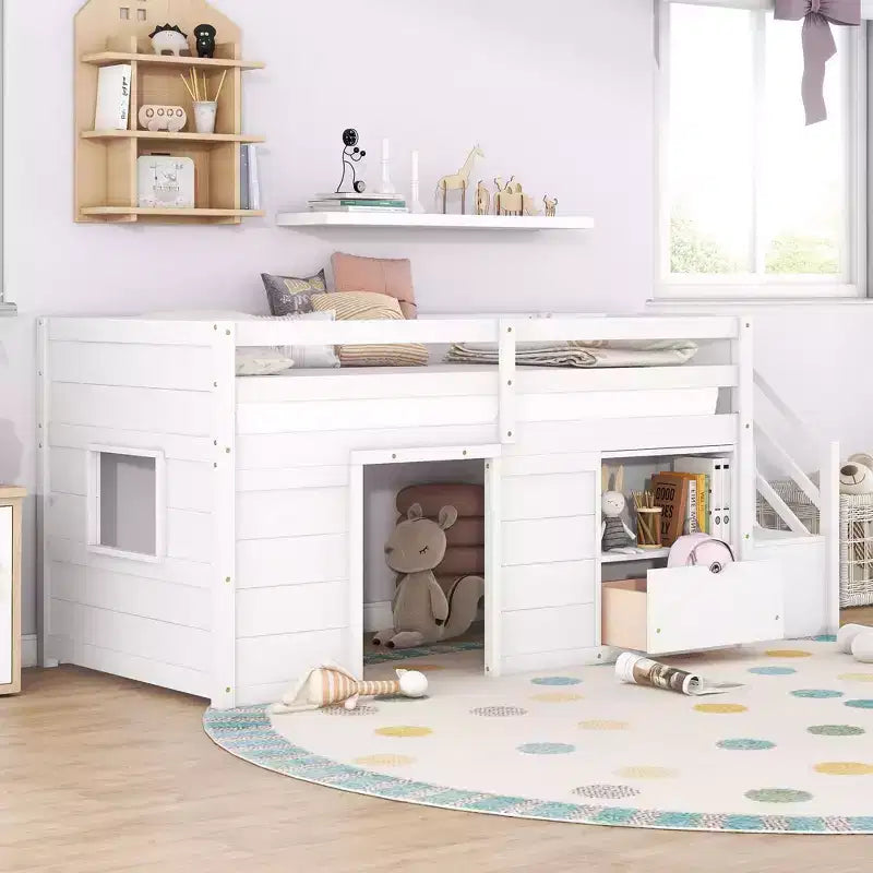 Okak Massivholz-Hochbett mit Treppe & Stauraum, Niedriges Etagenbett mit Schubladen & Regalen, Multifunktionales Hochbett für Kinder, Jugendliche