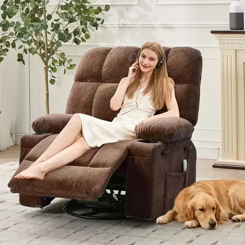 Übergroßer Relaxsessel für Erwachsene, Manueller Dreh-Schaukelsofa, Seitentaschen & Getränkehalter für Große und Schwergewichtige, Wohnzimmer