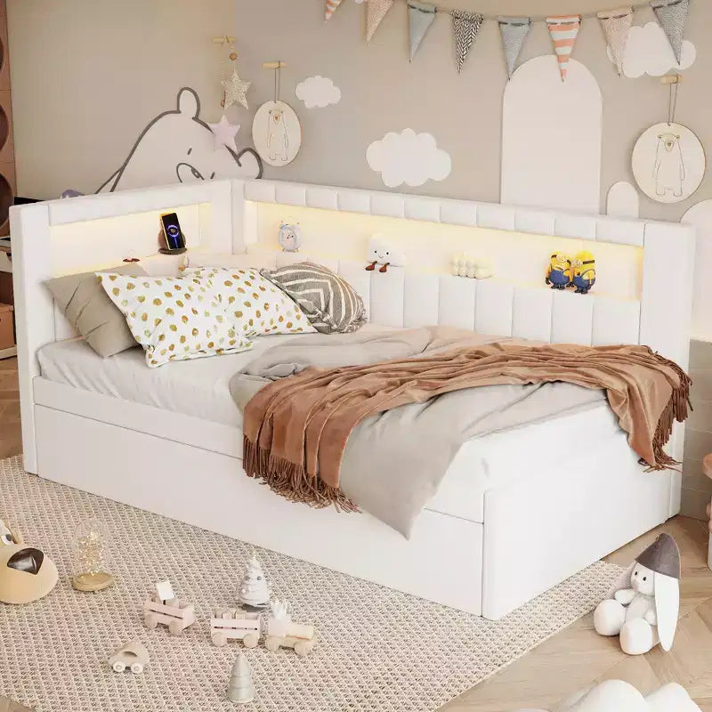 Einzel-/Doppel-Tagesbett mit Ausziehbett und L-förmigem Bücherregal-Kopfteil, gepolstertes Eckbett aus Leinen mit Ablageregalen und LED-Beleuchtung