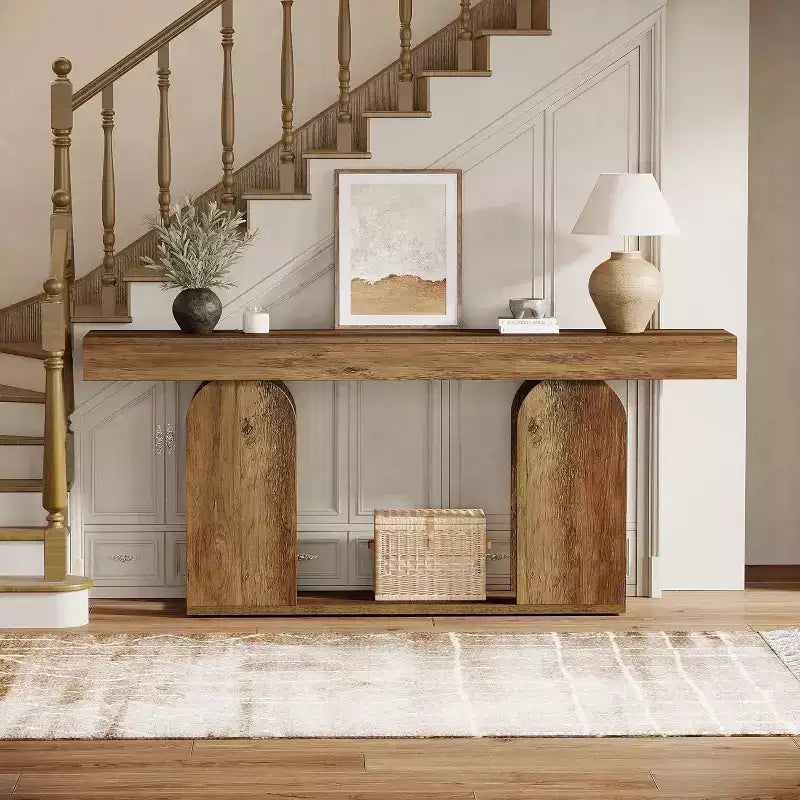 Lantine 70,9 Zoll extralanger Konsolentisch im Landhausstil mit 2-stöckigem Holzregal, geeignet für Flur, Wohnzimmer, Eingangsbereich, Vintage Braun.