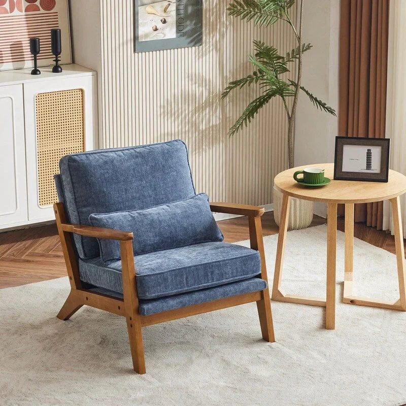 Polster-Akzentsessel aus Leinenmischgewebe mit Holzbeinen und einem Kissen, Beige