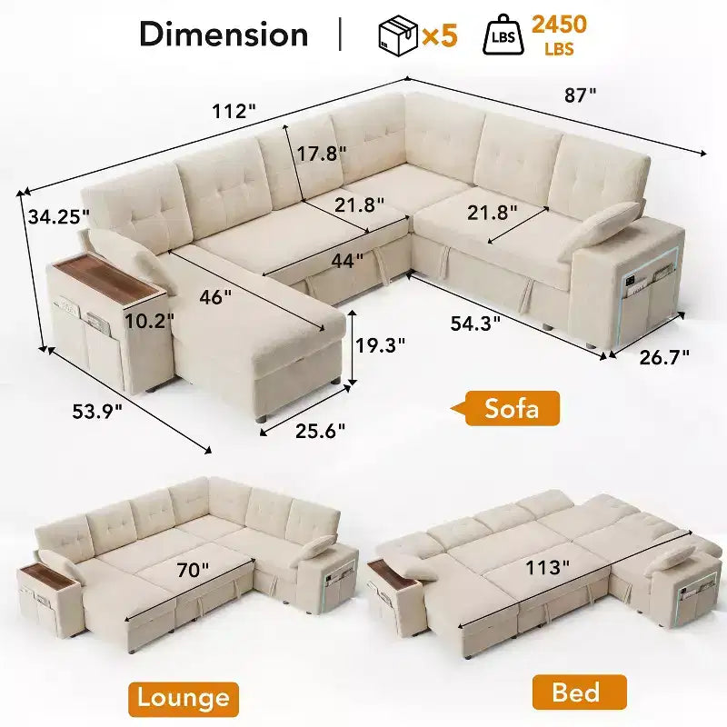 Dyonery 112 Modulares Schlafsofa mit Ausziehfunktion, U-förmiges Schnittsofa mit Stauraum, extra breite und tiefe Sitzflächen für das Wohnzimmer