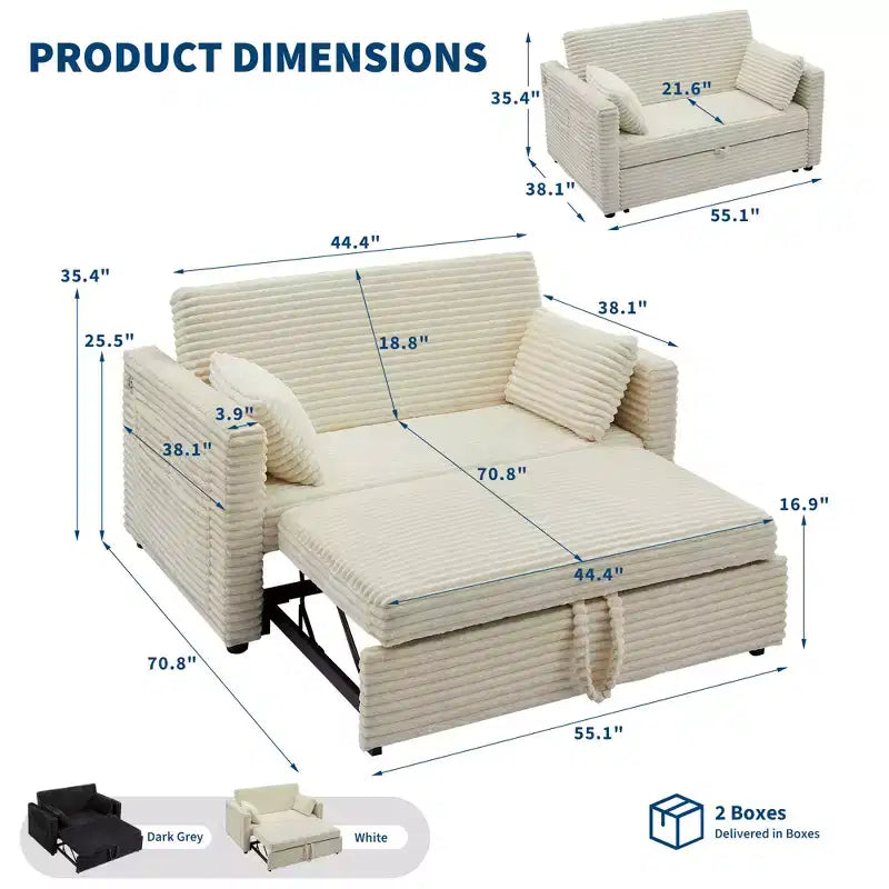 55 Convertible Schlafsofa mit ausziehbarer Fußstütze & verstellbarer Rückenlehne, platzsparendes Sofa für kleine Wohnungen