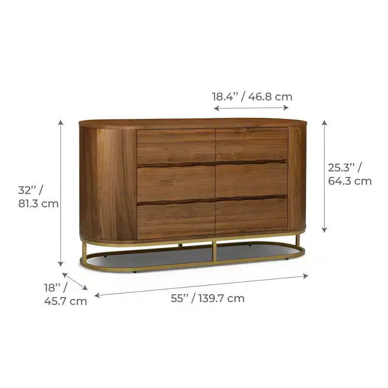 Moderne Kommode mit 6 Schubladen, Baumkanten-Design, Metallgestell und langlebiger Massivholzkonstruktion