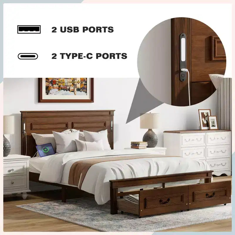 ModernLuxe Bettrahmen für Queensize-/Kingsize-Betten mit hohem Kopfteil, rustikales Holzbettgestell mit 2 Schubladen, LED-Beleuchtung und USB-Anschlüssen