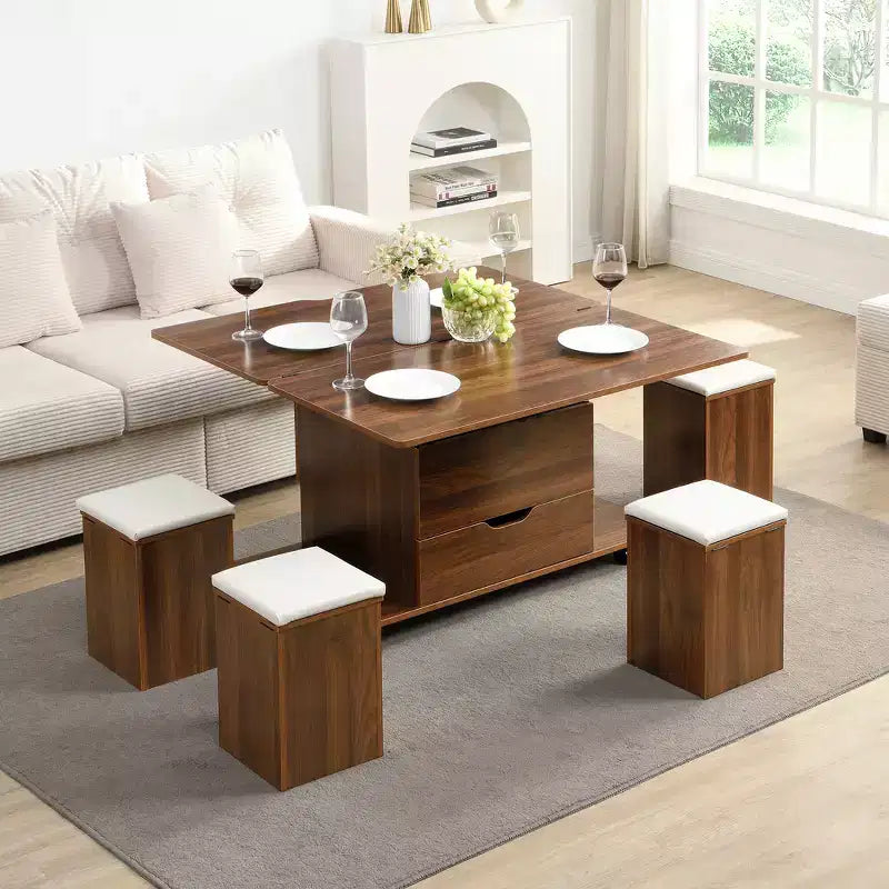 Multifunktionaler moderner Couchtisch mit Hebefunktion, verstecktem Stauraum, 4 Hockern und Rollen, perfekt für moderne Wohnbereiche