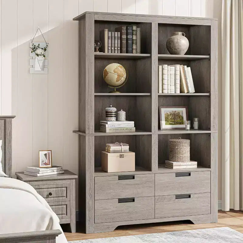 72" hohes Bücherregal mit 4 Schubladen, freistehendes Bauernhaus-Regal für Schlafzimmer, Wohnzimmer, Heimbüro