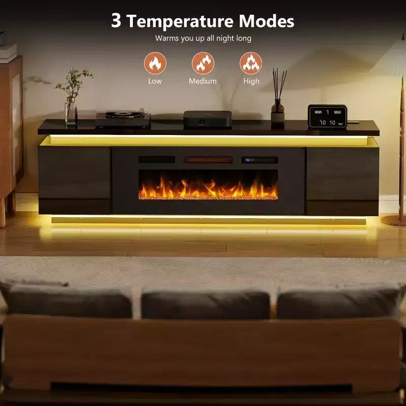 Skyzoo Elektrischer Kamin-TV-Ständer für Fernseher bis 80 Zoll mit LED-Beleuchtung & 4 Wechselstromsteckdosen, TV-Konsole für das Wohnzimmer