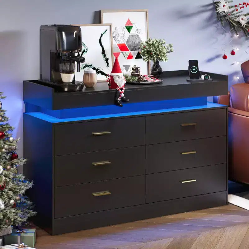 Moderner TV-Schrank mit 6 Schubladen & LED-Beleuchtung, schwebende Arbeitsplatte als Kaffeebar für Wohnzimmer Entertainment Center