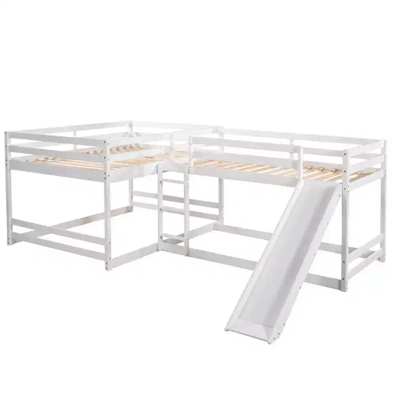 L-förmiges Etagenbett für 4 Kinder, Vierfach-Etagenbett mit Rutsche, Voll- und Twin-Holzrahmen für Schlafzimmer/Wohnheim