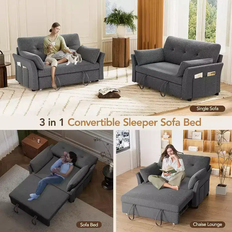 Dyonery 3-in-1 Schlafsofa, ausziehbares Schlafsofa mit Seitentasche und verstellbarer Rückenlehne, werkzeuglose Montage, faltbares Liebessofa