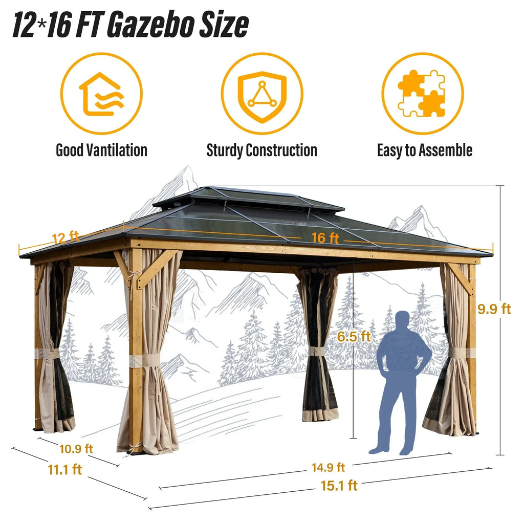 EROMMY Hardtop-Pavillon, Outdoor-Pergola mit Doppeldach & Netzen & Vorhängen, Hochleistungs-Canopy für Terrasse, Garten, Poolparty