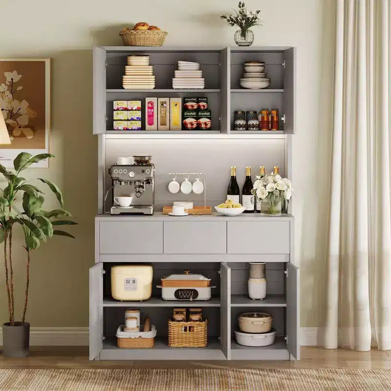 71 Zoll Küchenschrank, Aufbewahrungsschrank mit LED-Beleuchtung und Steckdosen, Buffet-Schrank mit Mikrowellenständer, verstellbare Regalböden
