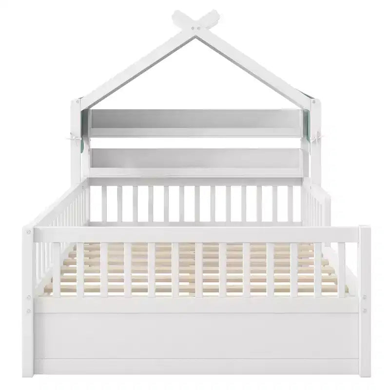 ModernLuxe Hausbett aus Holz für Zwillinge/Standardgröße mit Stauraum-Kopfteil, Kinderbettgestell aus massivem Kiefernholz mit Rausfallschutz