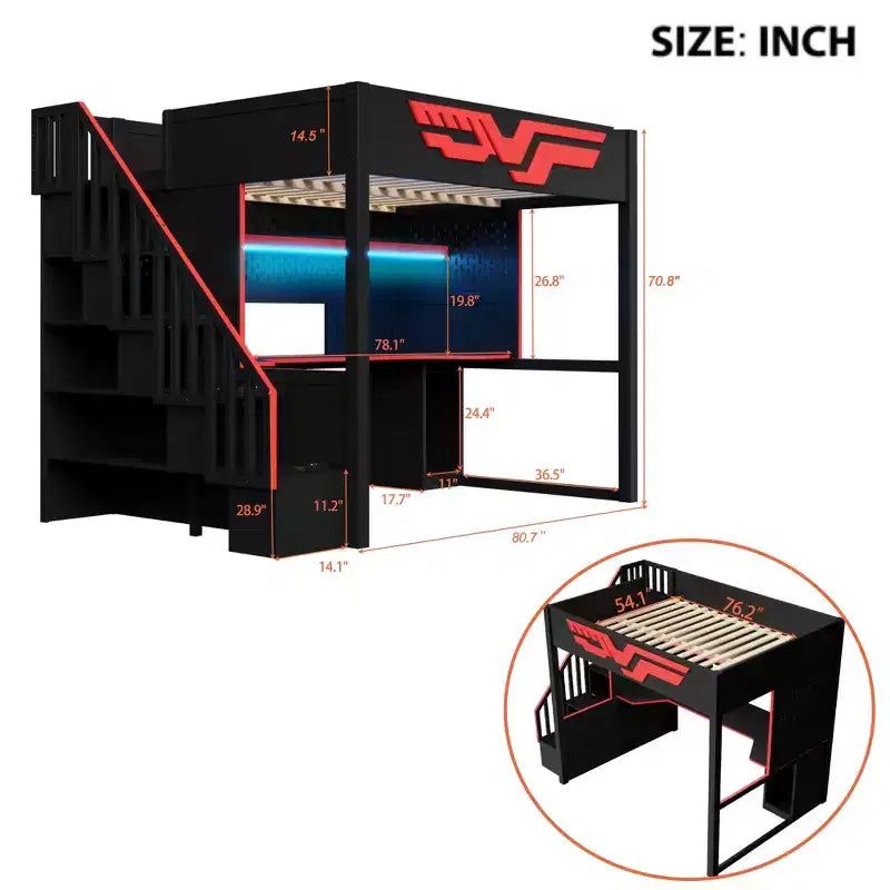 Vollständiges Gaming-Hochbett mit Schreibtisch und LED-Beleuchtung, großes Hochbett aus Holz mit Treppe und Stauraumtreppe sowie USB-Anschluss, Rot+Schwarz