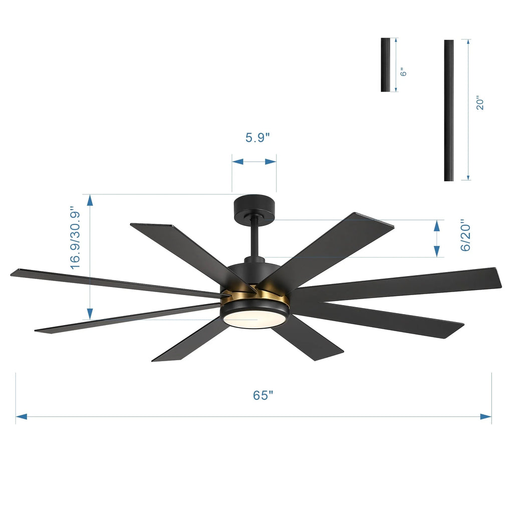 65-Zoll-LED-Deckenventilator mit 8 Flügeln, Licht und Fernbedienung, Schwarz
