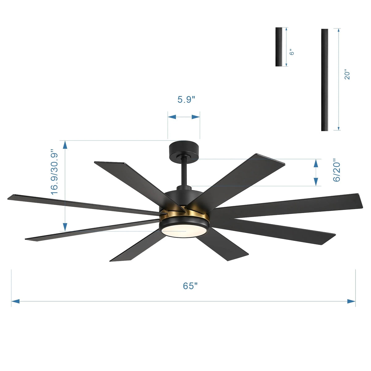 65-Zoll-LED-Deckenventilator mit 8 Flügeln, Licht und Fernbedienung, Schwarz